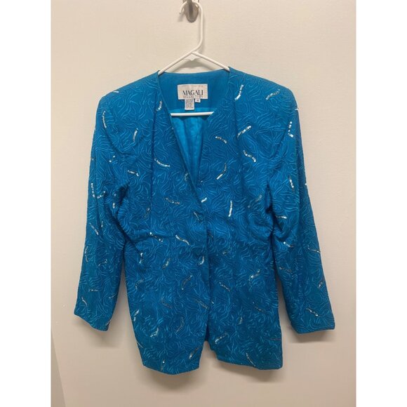 Vintage Magali Collection Womens Silk Blue  Embroidered & Sequined Jacket Size 1 - Picture 2 of 8